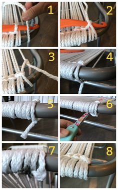 Macrame Lawn Chair, Metal Lawn Chairs, Macrame Chair, Upcycle Storage, Macrame Chairs, Chair Repair, Lawn Chair, Woven Chair, Chair Makeover