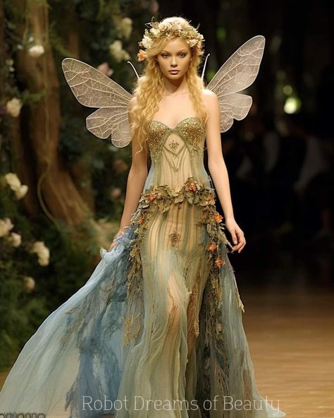 Fairy Garden Dress Aesthetic, Midsummer Nights Dream Fairy Costume, Fairy Queen Outfit, Elf Fashion Aesthetic, Nymphs Costume, Fantasy Fairy Outfit, Nymph Costume Ideas, Nymph Outfits, Garden Fairy Aesthetic Outfit