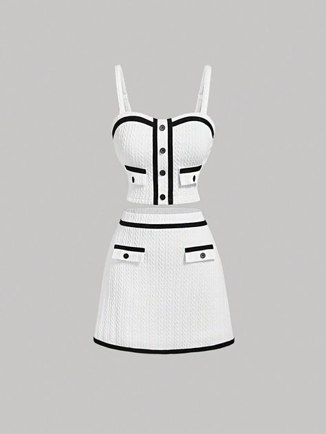 White Color Contrast Trim Retro Romantic Camisole Top And Skirt Set For Women, Summer  School Outfits Back To School Clothes Old Money Style White Elegant    Colorblock,Letter  Medium Stretch  Women Clothing, size features are:Bust: ,Length: ,Sleeve Length: Channel Clothes, Channel Outfits, Rich Clothes, Summer School Outfits, Clothing Staples, Top And Skirt Set, Dress Design Sketches, School Clothes, Old Money Style