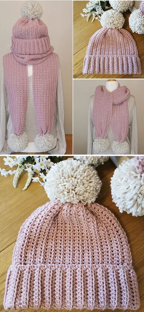 Simplicity Hat & Scarf Duo Free Crochet Pattern  Simple, as the name says, and yet very glamorous. The pattern below contains also an instruction of making an adorable headband, which you can wear on a little bit warmer winter days.  #hat #babypink #pompons #winter #crochethat Crochet Baby Cap, Mode Crochet, Crochet Hat Free, Crochet Knit Hat, Crochet Beanie Hat, Crochet Hats Free Pattern, Crochet Cap, Crochet Winter, Haken Baby