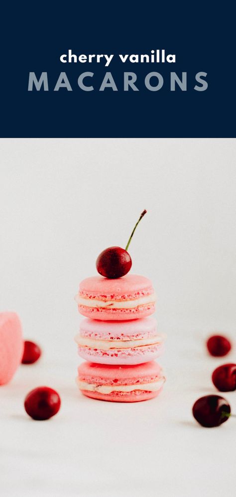 Cherry Macarons Recipe, Simple Macarons, Cherry Vanilla Macaron, Vanilla Macaron Recipes, Cherry Macarons, Red Macarons, Macaron Ideas, Macarons Recipe Easy, Macaron Recipes