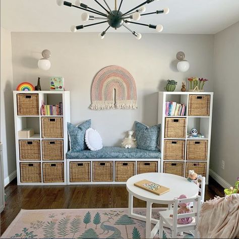 Toy Rooms Ideas, Kids Toy Storage In Living Room, Childminding Room Ideas, Ikea Playroom Ideas, Small Playroom Ideas, Toddler Room Organization, Window Seat Ideas, Kids Playroom Storage, Ikea Playroom