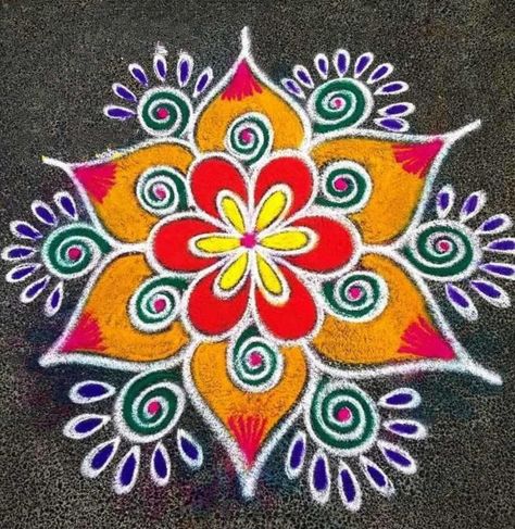 Kolam Designs Colourful, Easy Colourful Rangoli Designs, Simple Designs Rangoli, Easy Colour Rangoli Designs, Easy Simple Rangoli For Beginners, Everyday Rangoli Designs, Simple Colour Rangoli Designs, Easiest Rangoli Designs, Rangoli Designs Flower Simple