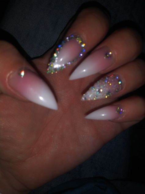 Ombre Nails With Crystals, Pink And White Ombre Nail Designs With Rhinestones, White Ombre Nails With Gems, White Ombre Nails With Rhinestones, Ombre Nails With Gems, Ombre Nails With Diamonds, Umbre Nails, Pink And White Ombre Nails, White Ombre Nails