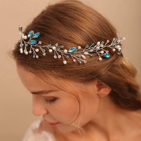 Blue Wedding Headpiece, Aquamarine Hair, Blue Headpiece, Long Hair Vine, Floral Hair Wreath, Baby Blue Weddings, Long Bridal Hair, Gem Hair, Romantic Blue