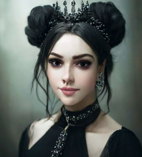 girl in black dress, hairstyle, diadem, black hair Goth Prom Hair, Romantic Goth Hairstyles, Girl In Black Dress, Vampire Hair, Dress Hairstyle, Ball Inspiration, Goth Prom, Goth Princess, Victorian Vampire