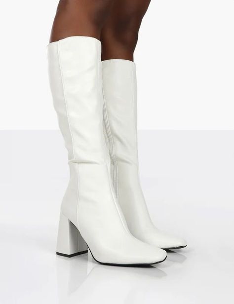 White High Boots, White Heel Boots, White Knee High Boots, Public Desire Shoes, Knee High Heels, Public Desire, High Heel Boots Knee, Statement Shoe, Block Heel Boots