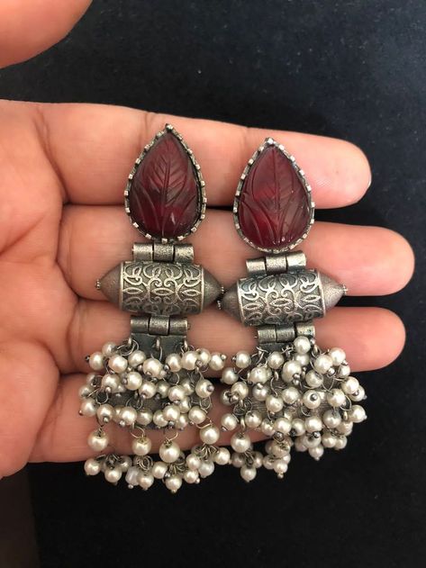 Buy Maroon Stone Oxidised Earrings Online - Yashvee Creation Oxidised Earrings, Online Earrings, Gold Jewelry Fashion, Wedding Attire, Indian Outfits, Diamond Earrings, Gold Jewelry, Fashion Jewelry, Stone