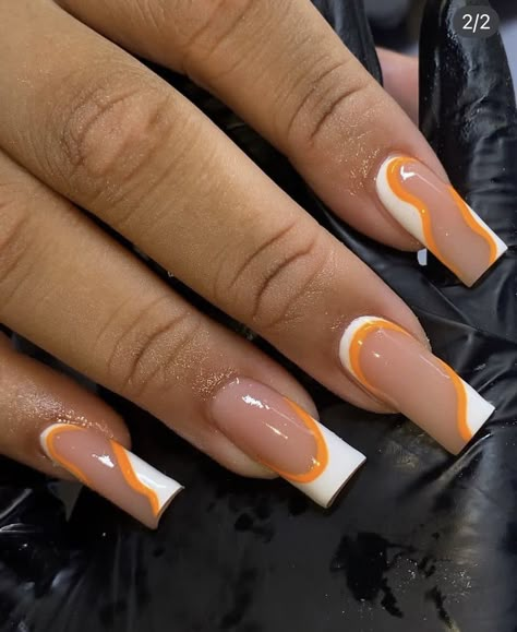 Finger Nails Design Latest Fashion, Trendy Nail Inspo Square Short, Cute Medium French Tip Nails, White French Tip With Orange Line, Nails Acrylic 2023 Trend, Short French Tip Acrylic Nails Color, Gemini Acrylic Nails, Ginger Nails Acrylic, Square Medium Nails Acrylics