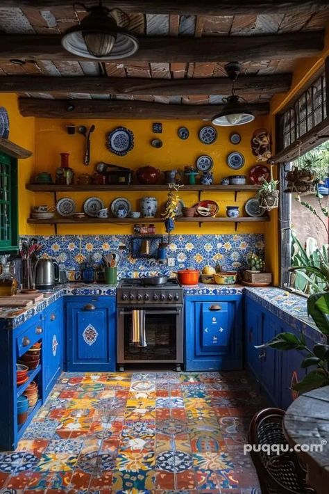 Rustic Eclectic Decor, Mexican Tile Kitchen, Mexican Style Kitchens, Boho Kitchen Ideas, Mexican Kitchen, Kitchen Accesories, Mexican Kitchens, Handcrafted Tile, Mexican Home