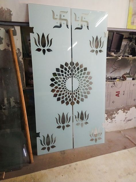 Temple Gate Design For Home, Cnc Pooja Door, Mandir Shutter Design, Mandir Glass Door Design Puja Room, Mandir Glass Design, Frosted Glass Design For Mandir, Mandir Gate Design, Etched Glass Door For Pooja Room, Pooja Room Glass Door Designs