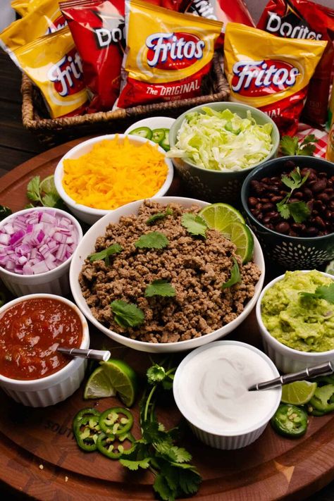 Walking Tacos Bar - Great Holiday Recipes Walking Tacos Bar, Tacos Bar, Walking Taco Bar, Walking Tacos Recipe, Mexican Party Food, Game Night Food, Walking Tacos, Beach Dinner, Taco Bar