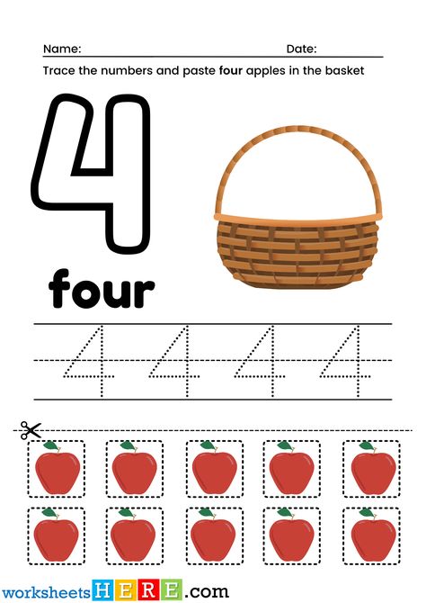 Trace Number 4, Cut and Past Four Apples in the Basket PDF Worksheets For Kindergarten - WorksheetsHere.com Kindergarten Tables, Rote Counting, Tracing Numbers, Tracing Activity, Numbers Kindergarten, Worksheets For Kindergarten, Number Tracing, Number 4, Cut And Paste