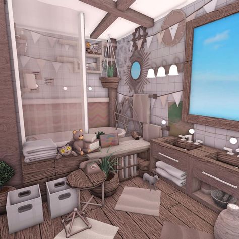 Cottage Core Bloxburg House, Tile Bathrooms, Bathroom Wallpaper Ideas, Interior Design Bathroom, Blocksburg Room Ideas￼, Bathroom Aesthetics, House Plans With Pictures, Organization Bathroom, Wallpaper Bathroom