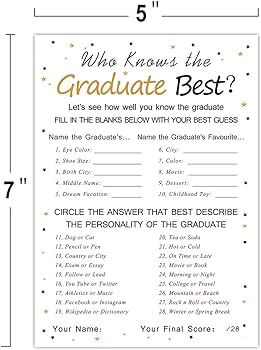 Amazon.com: Fibevon Graduation Party Game Cards - Who Knows The Graduate Best (36-Pack)- Graduation Party Collection Grad Celebration Party Supplies for High School/College/Senior School : Toys & Games Grad Games, Who Knows The Graduate Best, Supplies For High School, Graduation Games, Graduation Party Games, School Toys, College Senior, The Graduate, Graduation Ideas