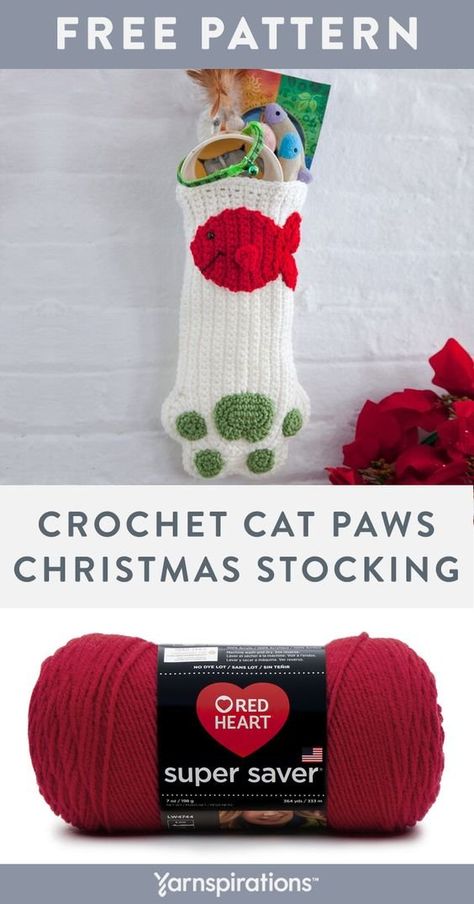 Free Cat Paws Christmas Stocking using Red Heart Super Saver yarn. Give kitty her goodies in this crochet stocking! Designed with lots of room for treats and toys, this playful project promises fun and frolic for kitty on Christmas morning. #Yarnspirations #FreeCrochetPattern #CrochetStocking #CrochetChristmas #CrochetXmas #CrochetHoliday #DIYChristmas #DIYHoliday #ChristmasStocking #HolidayStocking #Xmas #RedHeartYarns #RedHeartSuperSaver Crochet Cat Christmas Stocking, Crochet Cat Stocking Pattern Free, Crochet Pet Stocking, Stocking Pattern Free, Cat Christmas Stocking, Crochet Christmas Stocking Pattern, Red Heart Super Saver Yarn, Crochet Holiday, Crochet Stocking