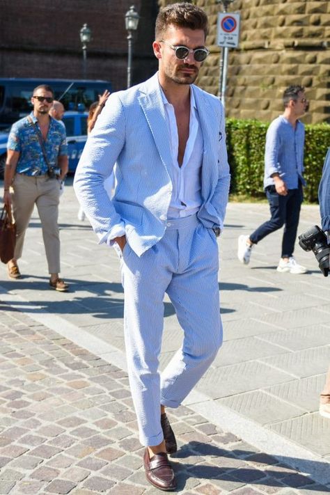 2024 Sky Blue Men Suits Summer Seersucker Leisure Beach Two Piece Suits Notched Lapel Groom Wedding Blue Seersucker Suit Men, Blue Summer Semi-formal Suits, Summer Suits For Grooms, White Summer Wedding Suit, Seersucker Suit Wedding, Planning Book, Two Piece Suits, Blue Suit Men, Seersucker Suit