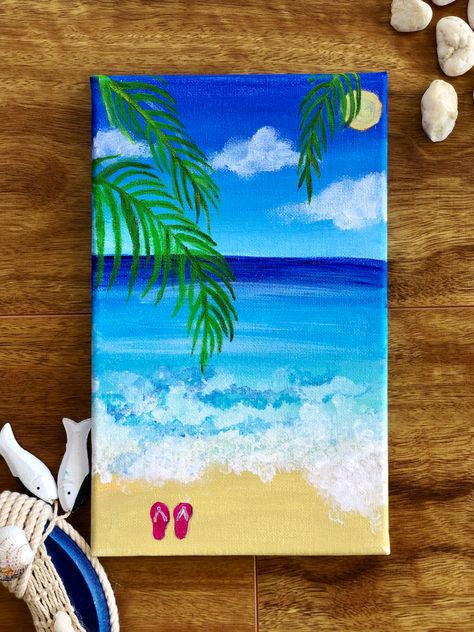 Beach canvas painting for beginners . . . . #canvaspaintingacrylic #beginners #canvaspaintingideas #paintingideas #beachpainting Summer Acrylic Painting Ideas Canvases, Beach Canvas Painting Easy, Mini Canvas Art Beach Easy, Painting Beach Easy, Beach Easy Painting, Easy Beach Painting For Beginners, Beach Paintings On Canvas Easy, Beach Theme Painting, Beach Acrylic Painting Easy