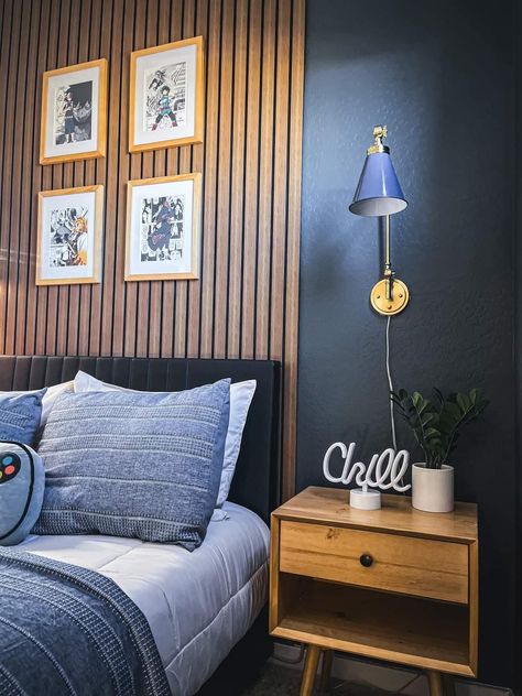 Wooden Shop For Boys Bedroom, Accent Wall Mens Bedroom, Teen Boy Bedroom Wall Ideas, Boys Bedroom Wall Ideas, Teen Boy Room Colors, Basement Room Ideas Bedrooms, Faux Brick Wall Bedroom Teen Boys, Shelves With Wallpaper Back For Teen Biys Room, Boys Bedroom Ideas Teen