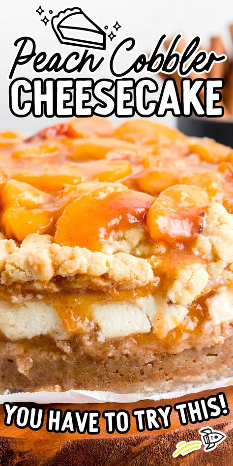 Unique Cheesecake Recipes, Peach Cobbler Cheesecake Recipe, Peach Cobbler Cheesecake, Caramelized Peaches, Peach Cheesecake, Southern Peach Cobbler, Fruit Cheesecake, Cobbler Topping, Banana Pudding Cheesecake