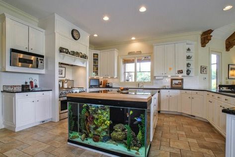 Kitchen Island Brings The Tropics With Aquarium To Your Home - Decor10 Interior Design Kitchen Rustic, Large Fish Tanks, Kitchen Interior Design Modern, Celebrity Houses, Custom Kitchen, Beautiful Kitchens, House Inspo, Interior Design Kitchen, Kitchen Living