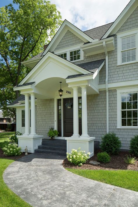 shingles painted with Benjamin Moore Thunder; trim color is Benjamin Moore OC 17 White Dove Cottage Exterior Colors, Benjamin Moore Exterior Paint, Outdoor Paint Colors, Cottage Paint Colors, Benjamin Moore Exterior, Exterior Gray Paint, Gray House Exterior, Best Exterior Paint, Gray House