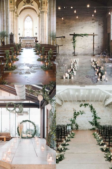 rustic country indoor wedding ceremony arches and aisles Wedding Arch Alternative Indoor, Wedding Arch Ideas Indoor, Indoor Wedding Arch, Wedding Ceremony Arches, Ceremony Space Decor, Industrial Wedding Ceremony, Loft Wedding Ceremony, Wedding Ceremony Decorations Indoor, Aisle Ideas