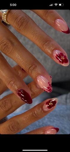 Short Fuschia Nails, Red Fun Nails, Dark Cherry Red Nail Designs, Red Blooming Gel Nails, Red Pattern Nails, Easy Almond Nail Designs, Almond Dark Red Nails, Vegas Inspired Nails, Dark Red Christmas Nails