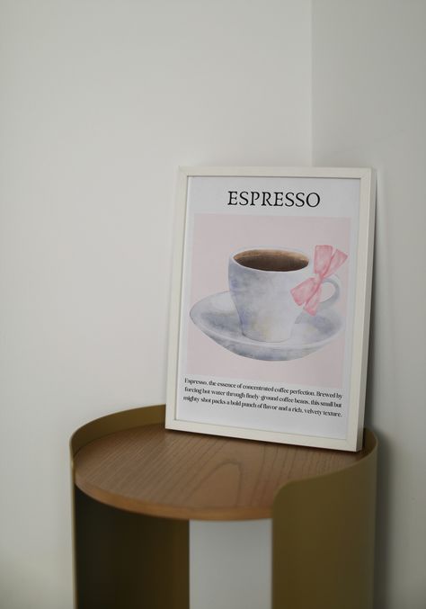 Add a dash of charm and sophistication to your space with our captivating Espresso with Pink Bow Digital Print, perfect for coquette room decor, coffee bar signage, or a chic coffee poster. This delightful artwork combines the allure of espresso with the whimsical touch of a pink bow, creating a captivating piece that elevates any coffee lover's sanctuary.  Crafted with meticulous attention to detail, our digital print features a steaming espresso cup adorned with a dainty pink bow, exuding elegance and femininity. Its charming design adds a playful yet refined aesthetic to your kitchen, dining area, or coffee nook, making it a standout accent piece in any room. Coffee Bar Signage, Bar Cart Print, Coquette Room Decor, Bar Signage, Coffee Bar Sign, Coquette Room, Coffee Wall Decor, Bow Coquette, Coffee Nook