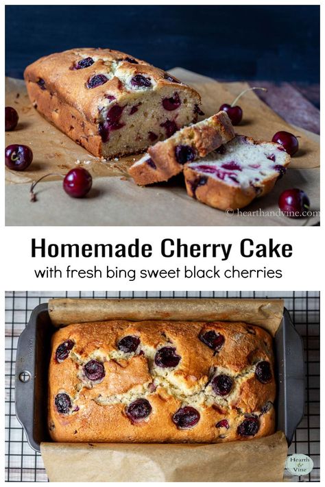 Sweet black cherries are perfect for this cake made in a loaf pan. Sweet and delicious you will love this easy cake filled with cherries for an any time of day treat. Black Cherry Recipes, Cherry Loaf Cake, Cherry Loaf, Compound Butters, Black Cherries, Loaf Cake Recipes, Cherry Desserts, Cherry Cake, Cherry Recipes