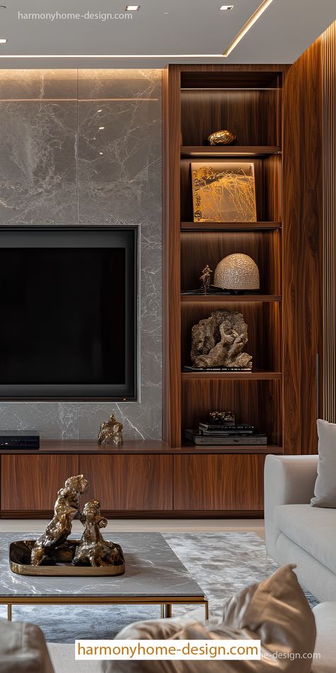 A polished TV unit with handleless design blends smart technology and minimalist aesthetics. Sleek Living Room, Tv Unit Wall, Timeless Living Room Interior Design, Soft Color Palette, Timeless Living Room, American Living Room, Stone And Wood, Tv Room Design, Wall Designs