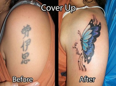 Tattoo cover up butterfly Chinese symbol Chinese Symbol Cover Up Tattoo, Cover Up Tattoos Before And After, Minion Tattoo, Simple Wave Tattoo, Tattoo Letras, Surf Tattoo, Mayan Tattoos, Idea Tattoo, Phoenix Tattoo Design