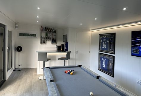 Games Room | Bakers Garden Buildings Games Room With Pool Table, Garden Man Cave Ideas, Man Cave Pool Table Room, Garden Room Pool Table, Garage Pool Table Room, Pool Room Ideas Man Cave, Game Room Design Man Caves, Outdoor Man Cave Ideas, Modern Man Cave Ideas