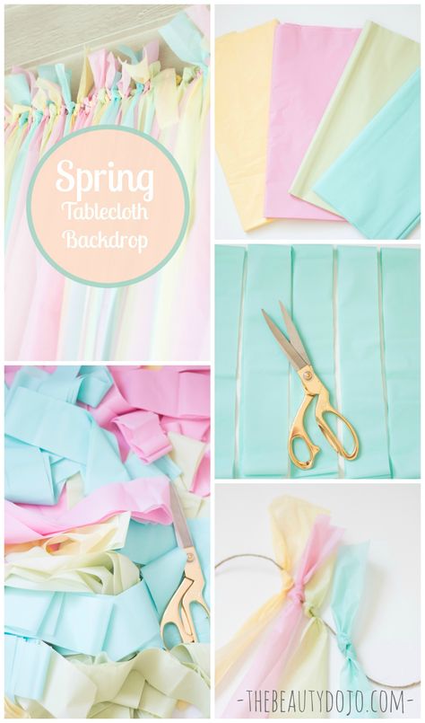 I hope you all had a wonderful Easter weekend. Today I will be sharing a fun and easy spring backdrop with tablecloths I recently made for Easter. Tablecloth Backdrop, Diy Fotokabine, Spring Backdrop, 4de Verjaardag, Spring Tablecloths, Easter Backdrops, Diy Photo Backdrop, Pastel Birthday, Pastel Party