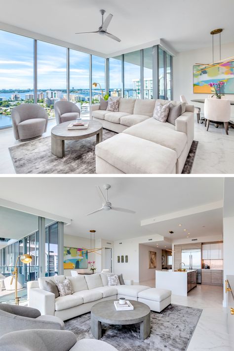 Waterfront Living Room Ideas, Miami Decor Interior Design Modern, Miami Beach Decor Interior Design, Miami Condo Living Room, Beautiful Condo Interiors, Waterfront Living Room, Miami Apartment Decor Living Room, Florida Condo Decorating Ideas Modern, Florida Modern Interiors