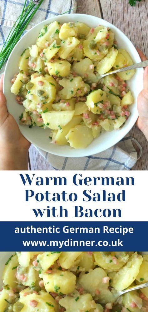 Warm German Potato Salad with Bacon Warm German Potato Salad With Bacon, Best German Potato Salad, Warm German Potato Salad, Authentic German Potato Salad, Potato Salad With Bacon, Salad Recipes With Bacon, German Potato Salad Recipe, Swiss Food, German Dishes