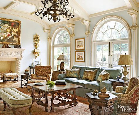 Learn how to design your home with your favorite Downton Abbey scenes in mind! Style your living room, bathroom, bedroom and kitchen with beautifully molded ceilings, dramatic fireplaces, vintage furniture and patterned rugs. Add lighting by opting for oversize windows. Virginia Hill, Vintage Films, Eggshell Blue, Tuscan Design, Cottage Style Decor, 카페 인테리어 디자인, Tuscan Decorating, Green Shades, Ornate Furniture