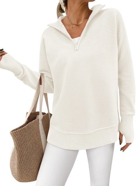 PRICES MAY VARY. Material:Our womens sweaters pullover is made of soft and cozy ribbed knit fabric,perfect for chilly days or layering during transitional seasons.Size Guide:S=US 4-6, M=US 8-10, L=US 12-14, XL=US 16-18, XXL=US 20 Features:Long sleeve sweaters for women,v neck sweaters woman,quarter zip pullover women lightweight,womens sweaters fall 2024,tunic sweater,thumb hole sweaters for women loose fit,knitted sweaters for women,collared sweaters for women,oversized sweaters for women Desig Lightweight Womens Sweaters, Womens Half Zip Pullover, Casual Sweaters Women, White Pullover Sweater, Dressy Sweaters, Fall Sweaters For Women, 50th Clothing, Womens Knit Sweater, Black Pullover Sweater