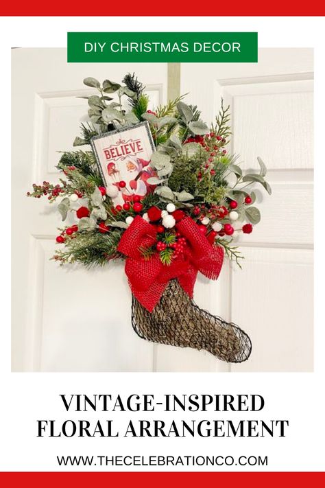 Come craft with me as I take this rustic stocking and turn it into a beautiful, rustic Christmas floral arrangement. It makes a cute, festive door hanger! Stocking Door Hanger, Rustic Vintage Christmas, Vintage Christmas Stockings, Christmas Floral Arrangements, Christmas Floral, Christmas Crafts Diy, Rustic Christmas, Floral Arrangement, Christmas Stocking