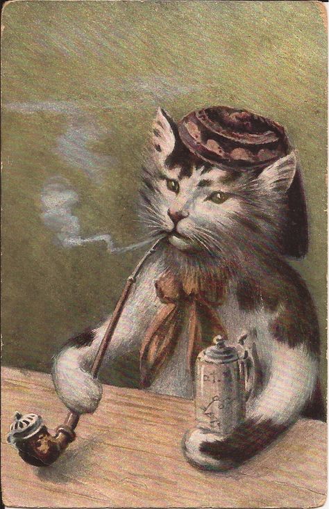 CATS GALORE  Vintage cat postcard-Collection Clarissa Vintage Anthropomorphic Animals, Odd Paintings, Simon Core, Anthropomorphic Cat, Cat Life Hacks, Weird Vintage, Cat Paintings, Vintage Cats, Cat Hacks