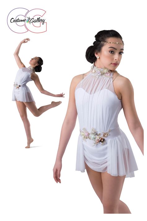 White mesh over white spandex leotard with adjustable straps. Open back with hook and loop closure. Attached white mesh front drape and cascade skirt. 3D floral embellished appliqué trim. ACCESSORIES: HE52 Rose Gold Headband; #dancecostumes; #dance #dancerecital #costumegallery #dancecompetition #ballet #lyricaldance #lyricalmusic #contemporary Hercules Dance Costume, Lyrical Dance Outfits, Kelle Dance Costumes, Lyrical Dance Costumes Dresses, Lace Dance Costumes, Cascade Skirt, Rose Gold Headband, Solo Dance Costumes, Dance Moms Season