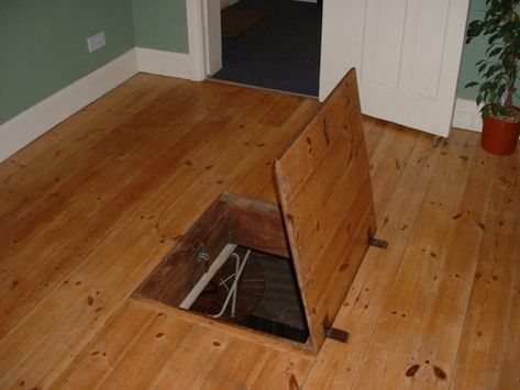 Trap door in wooden floor - The hinges are visible, but throw a rug over it and I'm sure many people wouldn't think twice. Crawl Space Door, Hidden Spaces, Trap Door, Basement Stairs, Secret Storage, Hidden Rooms, Survival Shelter, Secret Rooms, Hatch Door