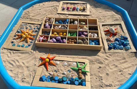 Eyfs Garden, Provocation Ideas, Beach Theme Preschool, Ocean Lesson Plans, Sensory Tray, Funky Fingers, Tuff Tray Ideas, Tuff Spot, Sand Tray