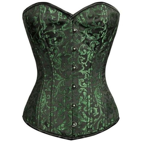 "This green & black brocade corset comes with a sweetheart bust line which will accentuate your assets, and work well with the overall shape- something that the strong steel boning will help with. Specifications:- Overbust pattern perfect for long, medium & short torso female. Front length is 14 inches (35.5 cm). Bust to bottom length is 14.4 inches (36.5 cm). Side length is 12 inches (30.5 cm). Back Length is 12.7 inches (32.3 cm). Bone: 4 flat steel bones are distributed all around the corset. Brocade Corset, Authentic Corsets, Green Corset, Corset Costumes, Goth Corset, Waist Cincher Corset, Corset Pattern, Boned Corsets, Steel Boned Corsets