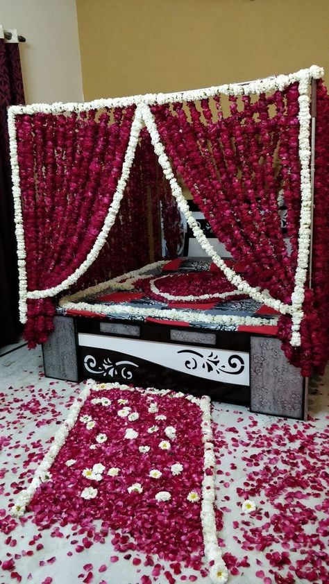 Suhagraat Room Decoration, Romantic Room Decoration For First Night, First Night Room Decoration Romantic, First Night Room Decoration, First Night Room, Night Room Decoration, Wedding Night Bedroom, Wedding Bedroom Decoration, Bridal Room Decor