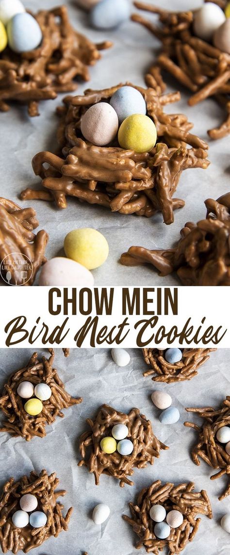 These cute chow mein Birds Nest Cookies are so fun for Easter. They combine chocolate, butterscotch, and peanut butter topped with your favorite chocolate Easter eggs, for the perfect Easter treat. #Easter #EasterDinner Spring Sweets, Birds Nest Cookies, Chocolate Nests, Easter Egg Nest, Easter Foods, Homemade Oreos, Spring Recipes Dessert, Easter Egg Candy, Butterscotch Cookies