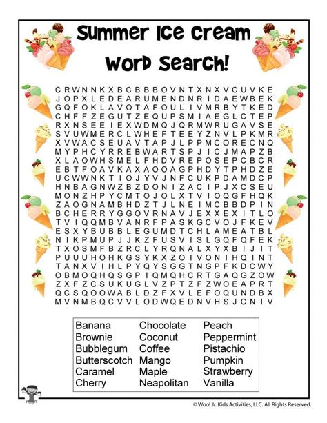 Summer Word Searches and Summer Word Puzzles | Woo! Jr. Kids Activities Ice Cream Word Search, Hard Word Search, Universal Yums, Ice Cream Sundae Party, Fun Sheets, Summer Puzzle, Learning Websites For Kids, Free Printable Word Searches, Summer Words