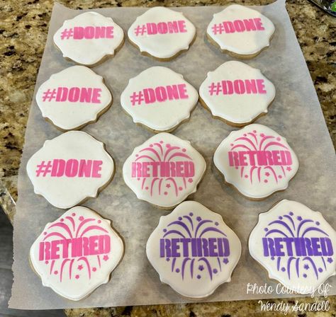 Retired Round Cookie Stencil Set by @DesignerStencils (now available at @ConfectionCoutureStencils) #done #retired #retirementparty #retirementcookies #retirementstencils 📸 and 🍪 courtesy of Wendy Sandell Shop Now: https://www.confectioncouturestencils.com/products/retired-cookie-stencil-set-by-designer-stencils Retirement Cookies, Designer Stencils, Retirement Messages, Safari Cookies, Animal Print Cake, Gender Reveal Cookies, Diy Sprinkles, Music Cookies, Monogram Cookies