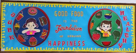 Healthy food and junk food board Food Technology Display Boards, Healthy Food Bulletin Board, Foods Bulletin Board Ideas, Food Related Bulletin Boards, Healthy And Junk Food Bulletin Board, Board Display, Food Board, Junk Food, Board Ideas