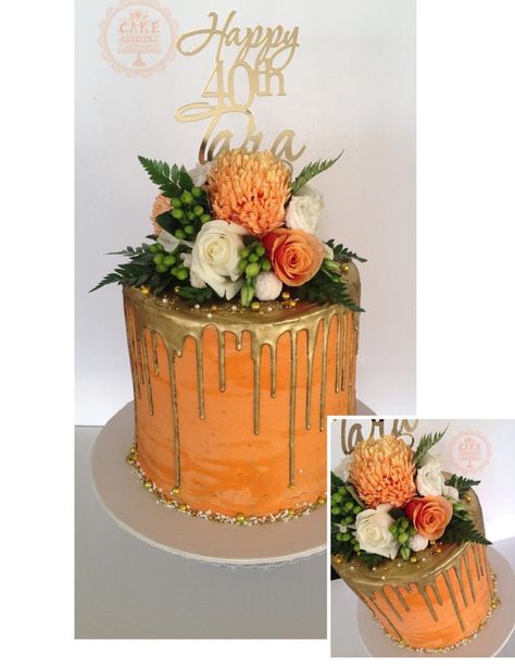 Orange And Gold Birthday Cake, Drip Cake With Flowers, Gold Drip Cake, Orange Birthday Cake, Cake With Fresh Flowers, Tropical Cake, Gold Birthday Cake, Gold Drip, Fresh Flower Cake